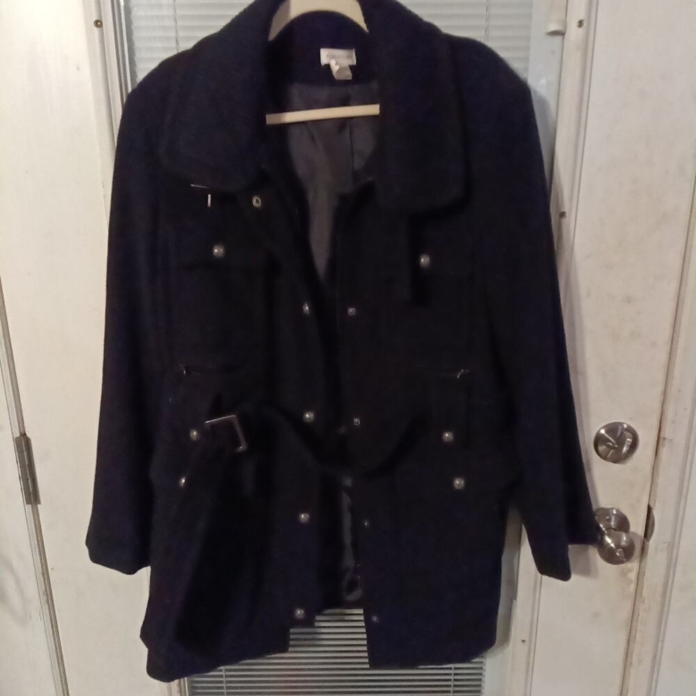 Women's Vintage 90s Wool Blend Trench Coat XL Black Lined Button Up Zip Up Belt